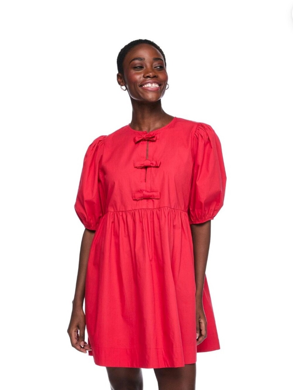 George Red Puff-Sleeve Mini Dress with Front Bows